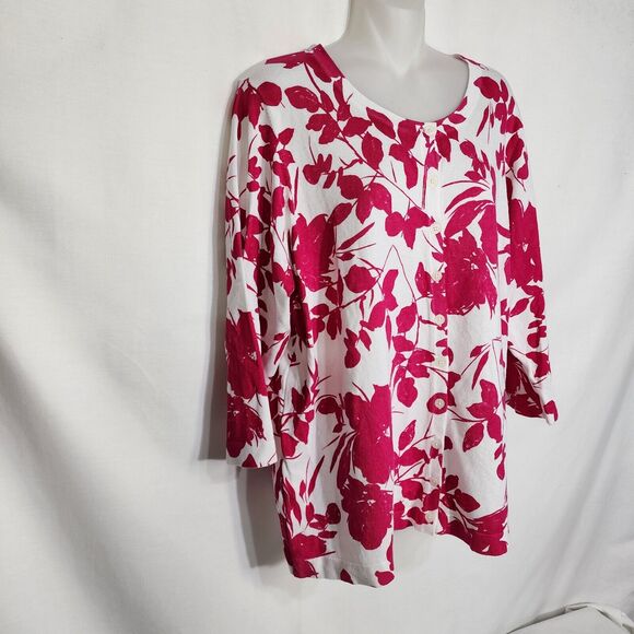 Roz & Ali Womens Cardigan Sweater Size 2X White Pink Floral Button Up 3/4 Sleeve - Picture 4 of 9